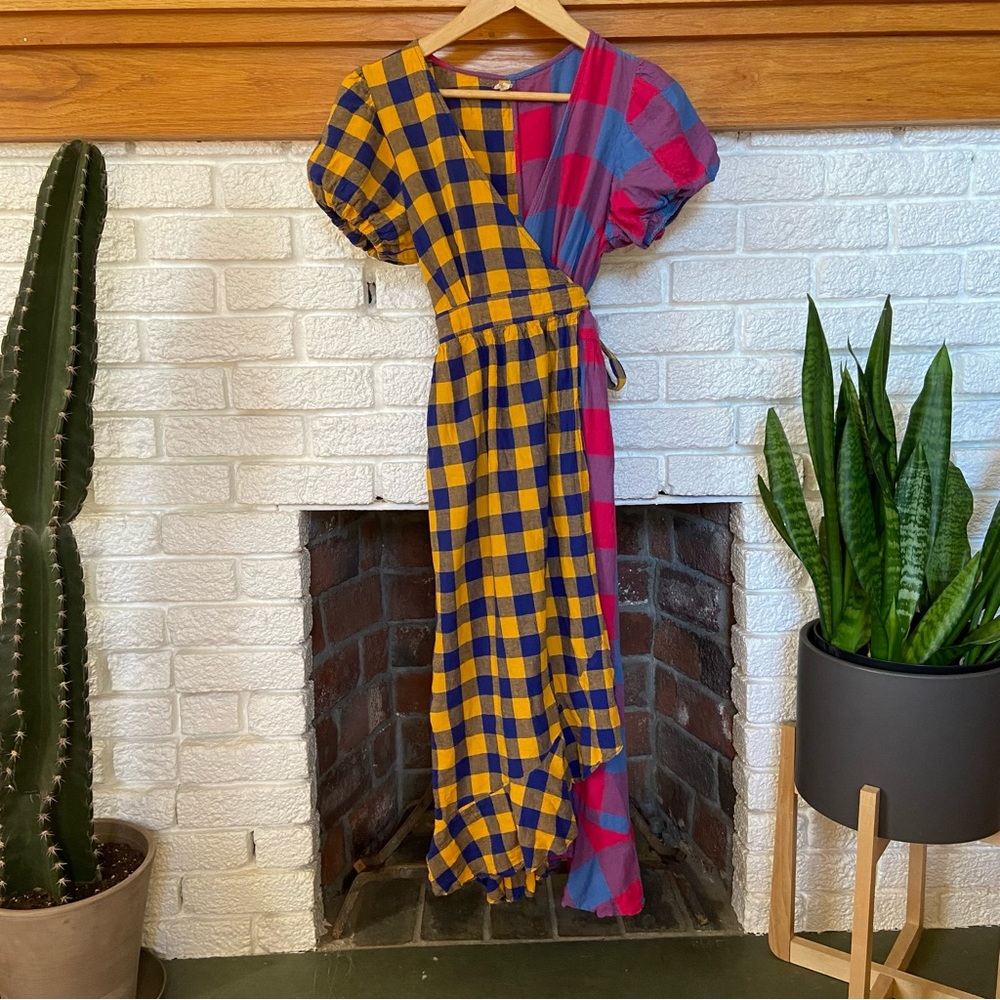 Urban Outfitters Anna Linen Mixed Plaid Midi Wrap Dress